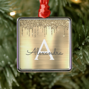 Gold Glitter Brushed Metal Monogram Name Metal Tree Decoration