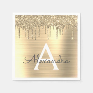 Gold Glitter Brushed Metal Monogram Name Napkin