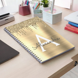 Gold Glitter Brushed Metal Monogram Name Notebook