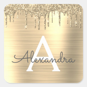 Gold Glitter Brushed Metal Monogram Name Square Sticker