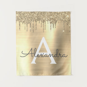 Gold Glitter Brushed Metal Monogram Name Tapestry