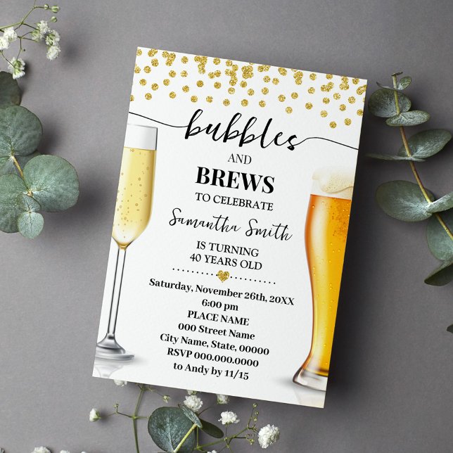 Gold Glitter Bubbles and Brews Adults Birthday Invitation (Creator Uploaded)