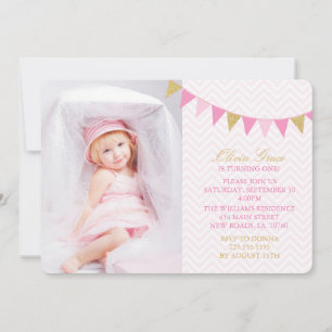 Gold Glitter Bunting Birthday Party Invitations