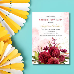 Gold Glitter Burgundy Dahlia Rose Floral Birthday Invitation