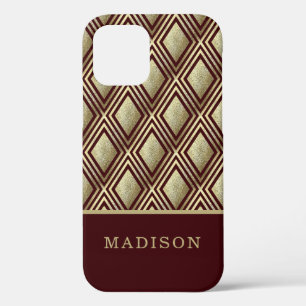 Gold Glitter Burgundy Diamond Pattern Personalised iPhone 12 Case