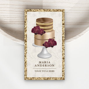 Gold Glitter Burgundy Floral Custom Cake Bakery Business Card