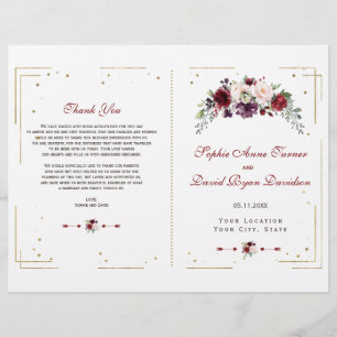 Gold Glitter Burgundy Floral Wedding Program