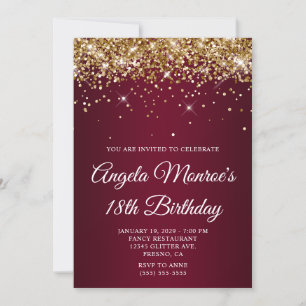 Gold Glitter Burgundy Gradient 18th Birthday Invitation