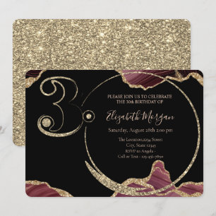  Gold Glitter Burgundy Marble 30th Birthday    Invitation