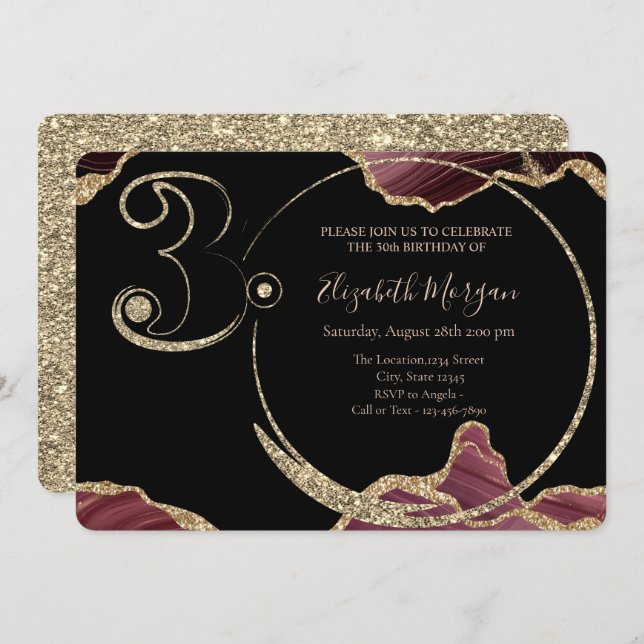  Gold Glitter Burgundy Marble 30th Birthday    Invitation (Front/Back)