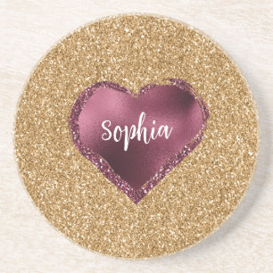 Gold Glitter Burgundy Red Heart Love Coaster