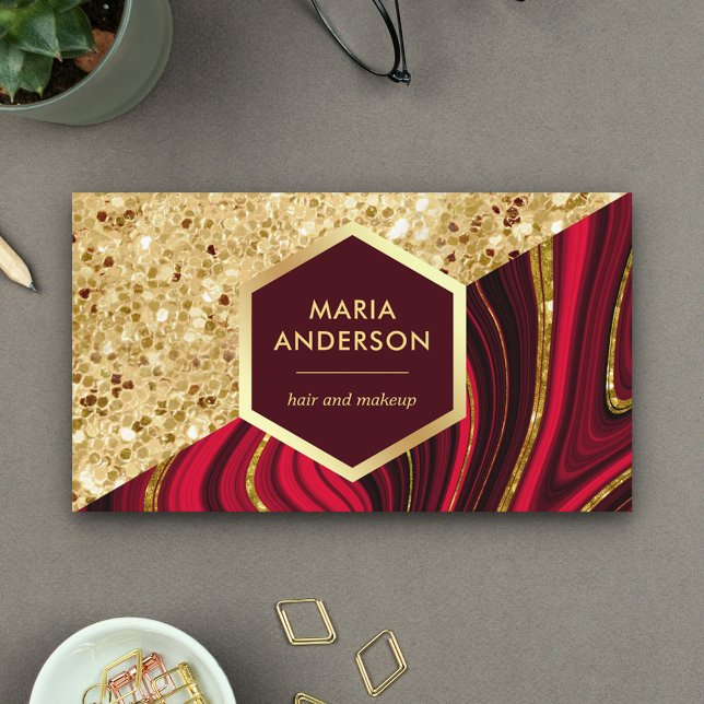 Gold Glitter Burgundy Red Marble Makeup Artist Business Card (Creator Uploaded)