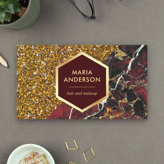 Gold Glitter Burgundy Red Marble Makeup Artist Business Card (Creator Uploaded)