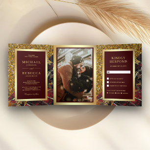 Gold Glitter Burgundy Red Marble Photo Wedding Tri-Fold Invitation