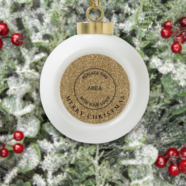 Gold Glitter Business Logo Merry Christmas Ceramic Ball Christmas Ornament (Creator Uploaded)