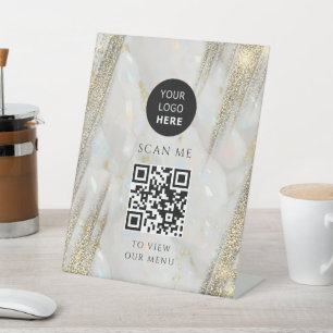 Gold Glitter Business QR Code Logo Opal Stone Pedestal Sign