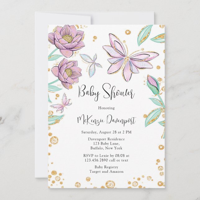 Gold Glitter Butterfly and Flower Girl Baby Shower Invitation (Front)