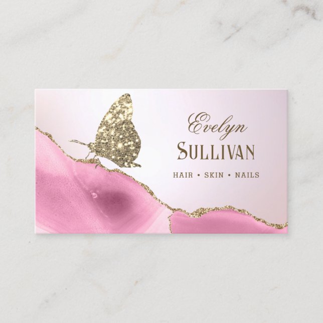 Gold Glitter Butterfly Pink Agate Business Card (Front)