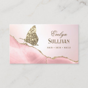 Gold Glitter Butterfly Pink Blush Agate Business Card