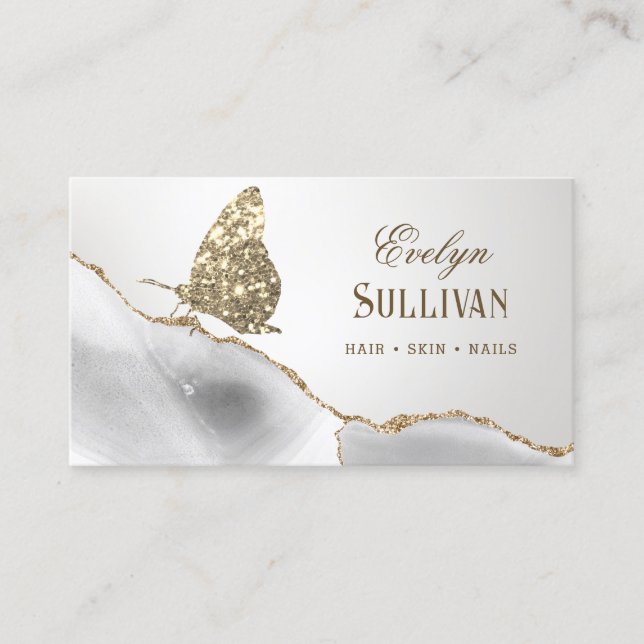 Gold Glitter Butterfly White Agate Business Card (Front)