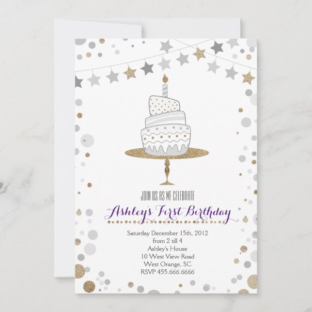 Gold Glitter Cake  Birthday Invitation (Front)