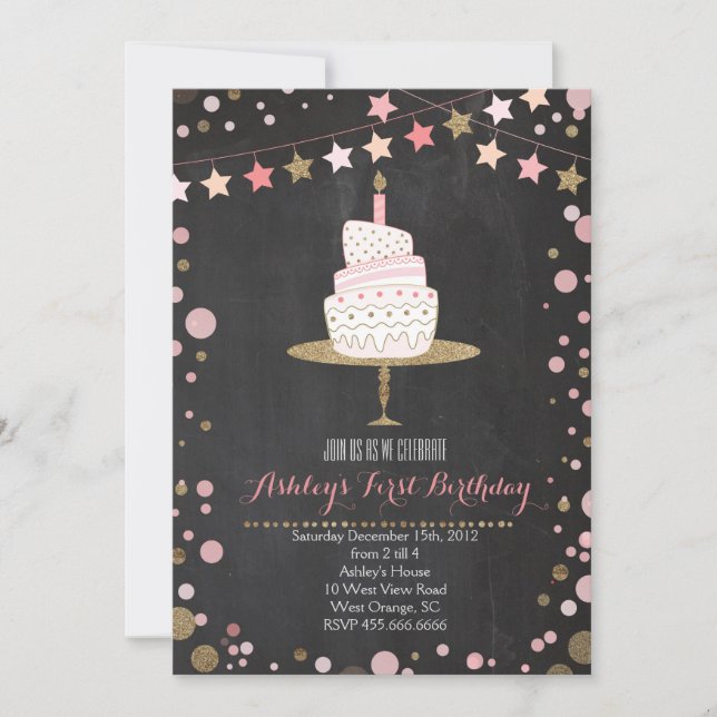 Gold Glitter Cake  Birthday Invitation (Front)