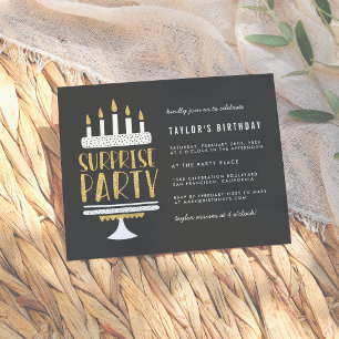 Gold Glitter Cake Surprise Birthday Party Invitation Postcard