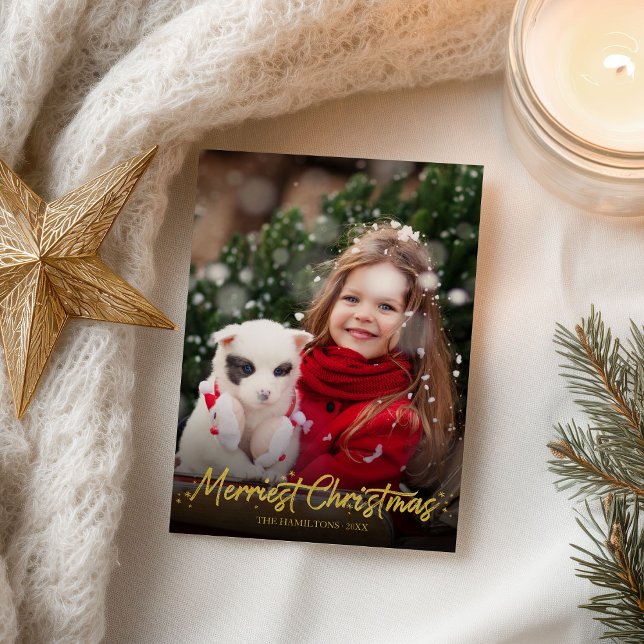 Gold Glitter Calligraphy Photo Merriest Christmas Postcard (Creator Uploaded)