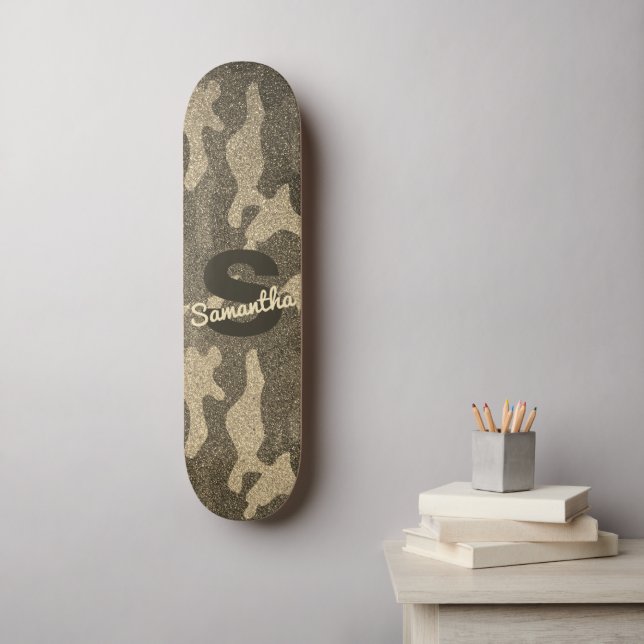 Gold Glitter Camouflage Personalised Monogrammed Skateboard (Wall Art)