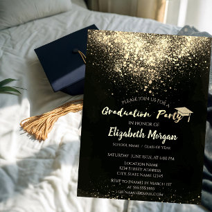 Gold Glitter Cap, Confetti Graduation Party Invitation