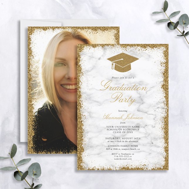 Gold Glitter Cap Marble Photo Graduation Party Invitation (Creator Uploaded)