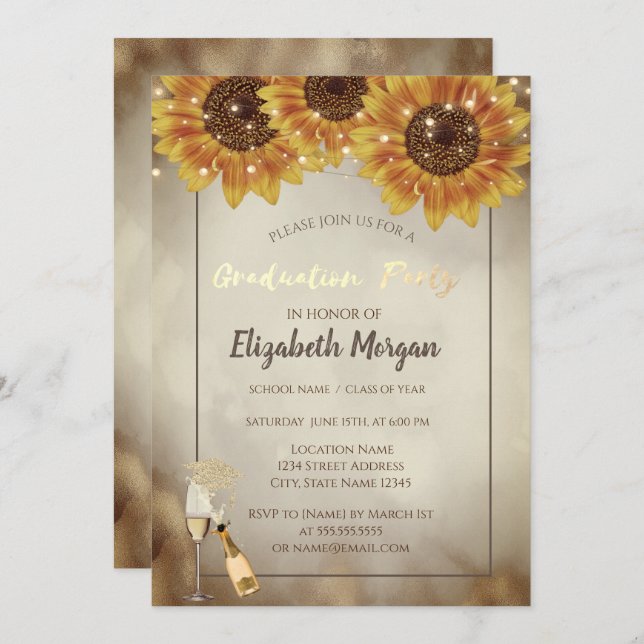 Gold Glitter Cap, Wine,Glass, Sunflowers Gold Touh Invitation (Front/Back)