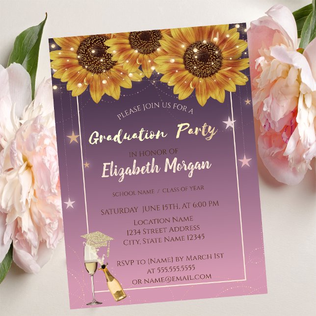 Gold Glitter Cap, Wine,Glass, Sunflowers Invitation (Creator Uploaded)