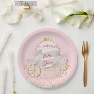 Gold Glitter Carriage Fairy Tale Baby Shower Paper Plate