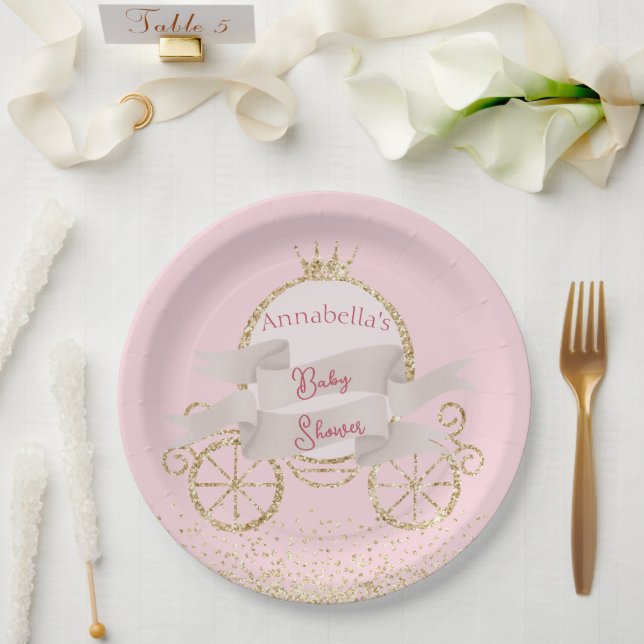 Gold Glitter Carriage Fairy Tale Baby Shower Paper Plate (Wedding)