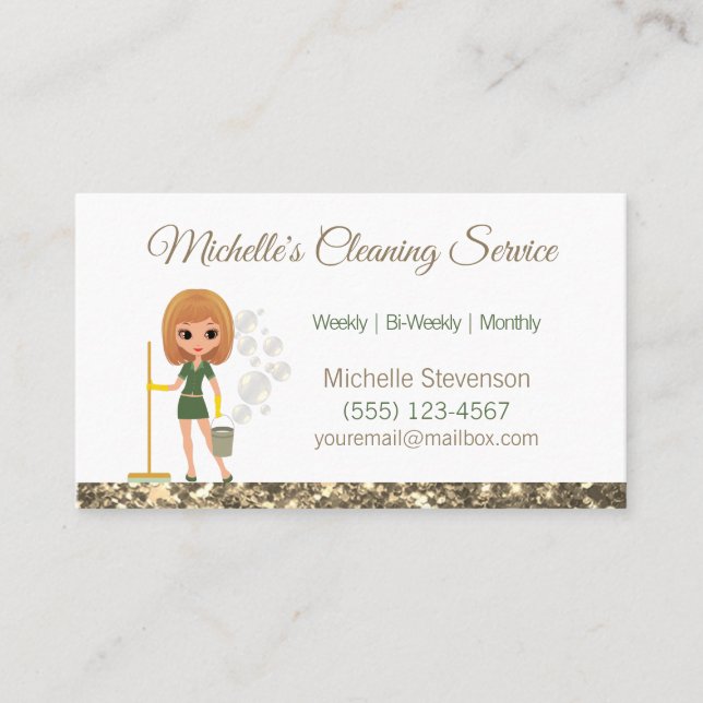 Gold Glitter Cartoon Maid House Cleaning Service Business Card (Front)