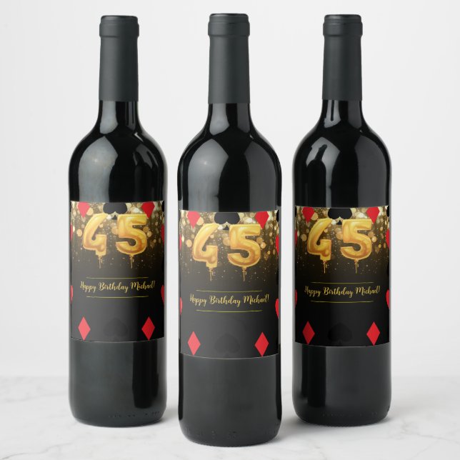 Gold glitter casino themed 45Th Birthday  Wine Label (Bottles)