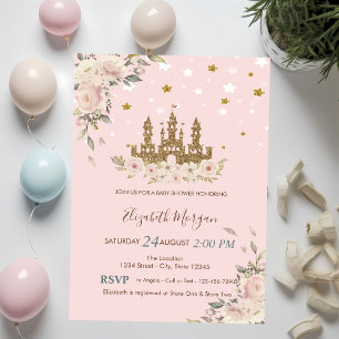 Gold Glitter Castle,Flowers,Stars Baby Shower Invitation