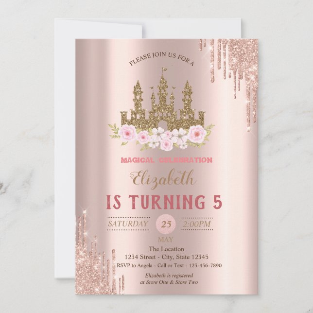 Gold Glitter Castle,Rose Gold Drips Birthday  Invitation (Front)
