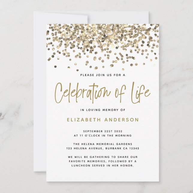 Gold Glitter Celebration of Life Invitation (Front)