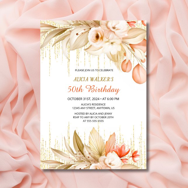 Gold Glitter Chain Yellow Orange Floral Birthday  Invitation (Creator Uploaded)