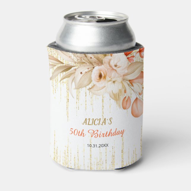 Gold Glitter Chain Yellow Orange Flower Birthday  Can Cooler (Can Back)