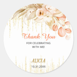 Gold Glitter Chain Yellow Orange Flower Birthday  Classic Round Sticker