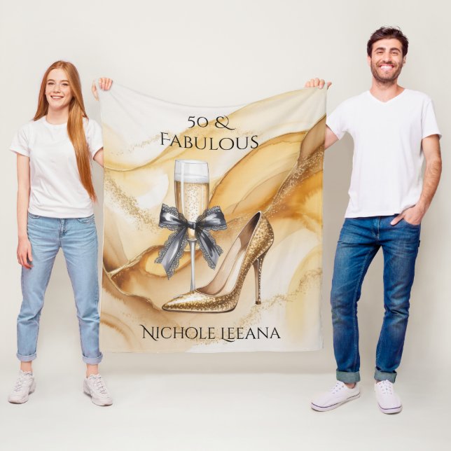 Gold Glitter Champagne 50 & Fabulous Birthday Fleece Blanket (In Situ)