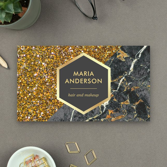 Gold Glitter Charcoal Grey Marble Makeup Artist Business Card (Creator Uploaded)
