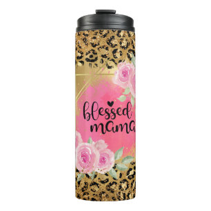 Gold Glitter Cheetah Print Blessed Mama  Thermal Tumbler
