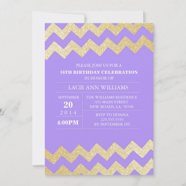 Gold Glitter Chevron Birthday Party | Purple Invitation (Front)