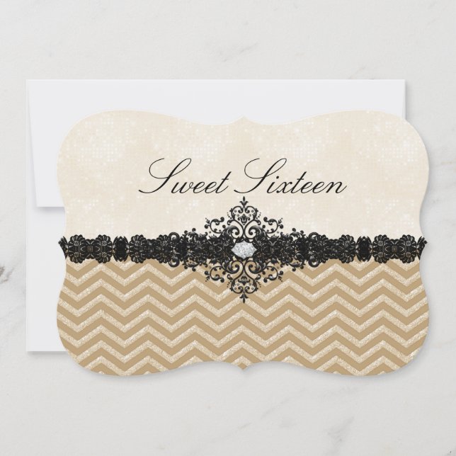 Gold Glitter Chevron & Damask Sweet16 Invitation (Front)