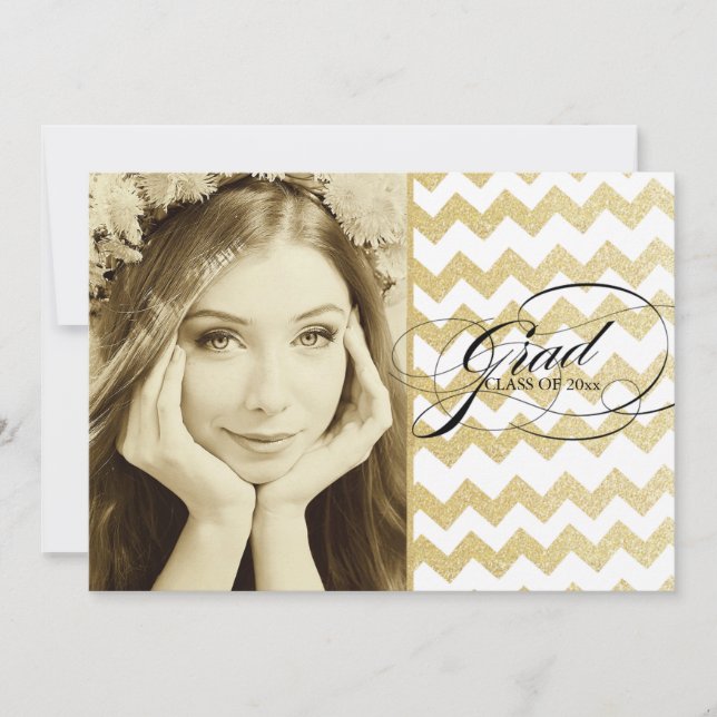 Gold Glitter Chevron Graduation Invitations (Front)