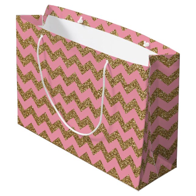 Gold Glitter Chevron Pattern on Pink Large Gift Bag (Back Angled)